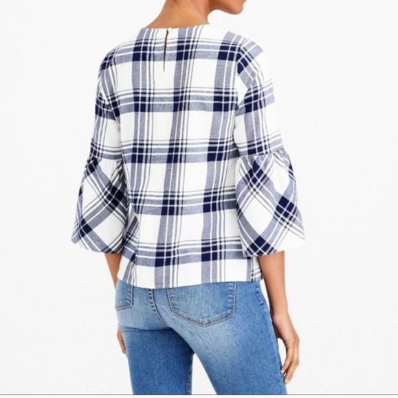 J. Crew Merchantile Blue Plaid 100% Cotton Bell Sleeve Elevated Basic Top, Sz 0 - Picture 1 of 5